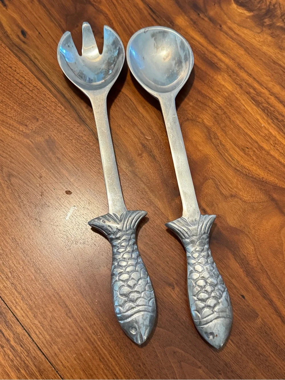 Vintage Fish Handle Aluminum Salad Serving Set in Silver
